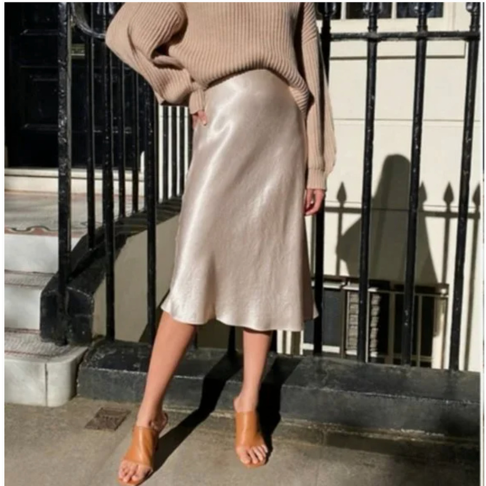 Aritzia Babaton Satin A-Line Slip Skirt Denude Beige 2 Small Elastic Waist Midi